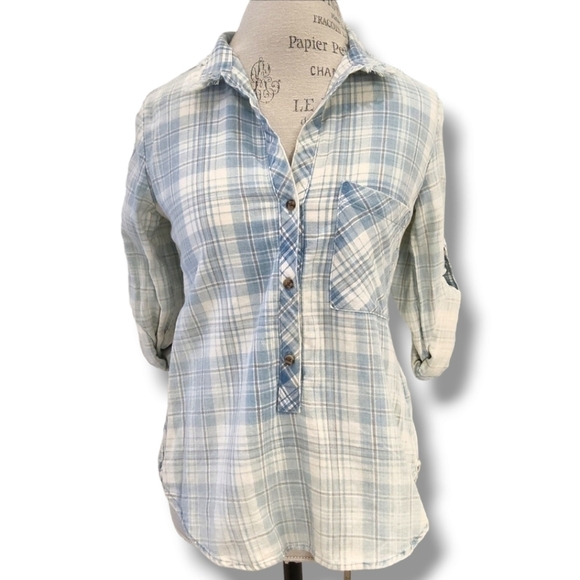 Bella Dahl Distressed Blue And White Plaid Top - Size XS - Picture 1 of 8